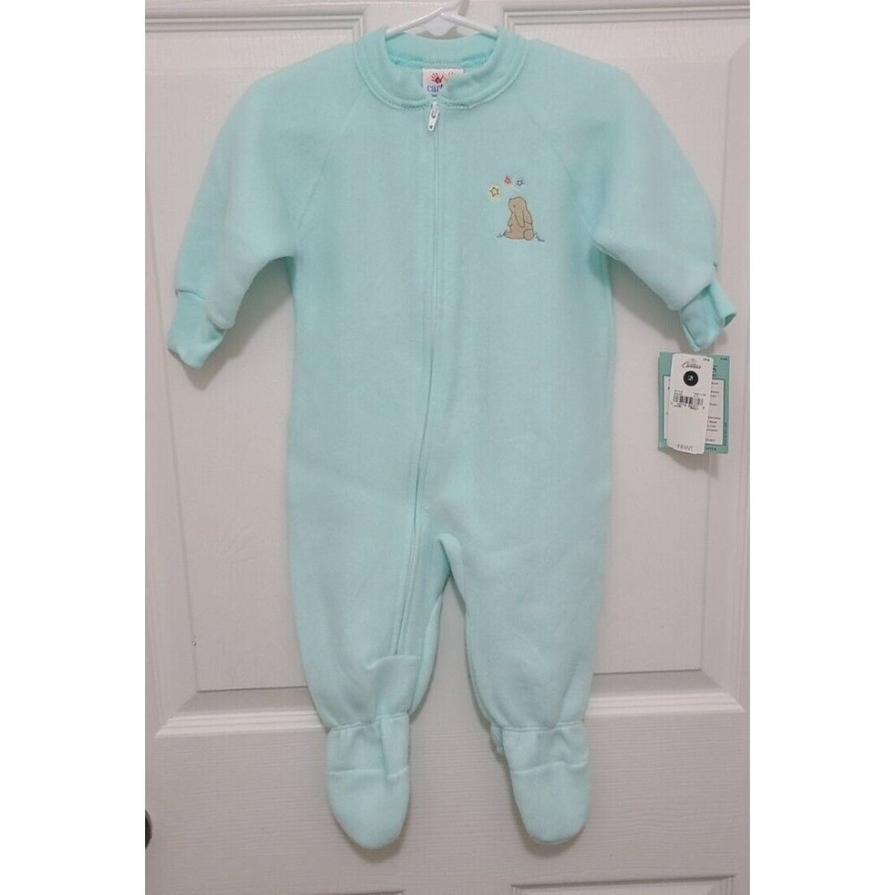 NEW Vtg Carters One Piece Sleeper Footie Pajama Blue Fleece Fuzzy Bunny Sz 6-12M